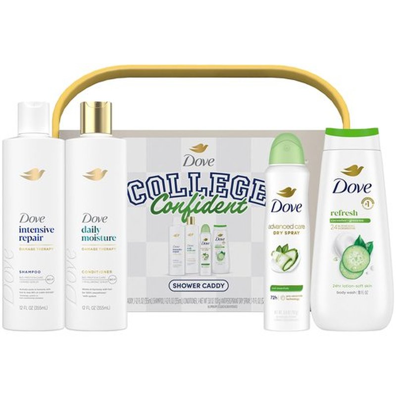 Dove Shower Caddy College Confident Gift Set – Cucumber & Green Tea Body Wash, Intensive Repair Shampoo, Daily Moisture Conditioner, Cool Essentials Deodorant for Women (5 Piece Set)