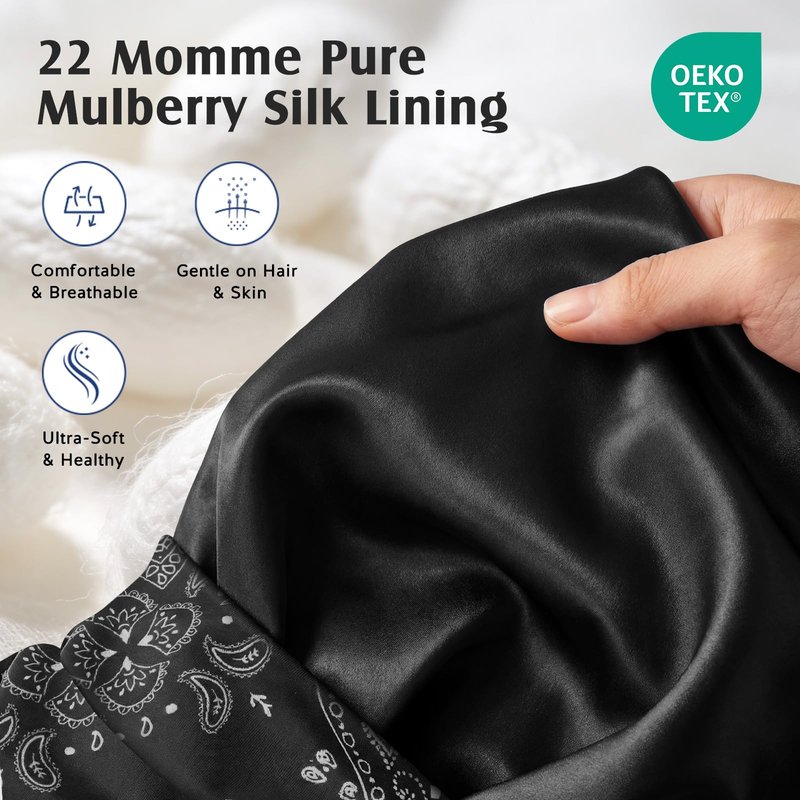 YFONG Mulberry Silk Hair Bonnet for Sleeping Women Men, Real Silk Lining, Not Satin, Stay On All Night Sleep Bonnet with Adjustable Strap for Curly Short Long Fine Hair, Black