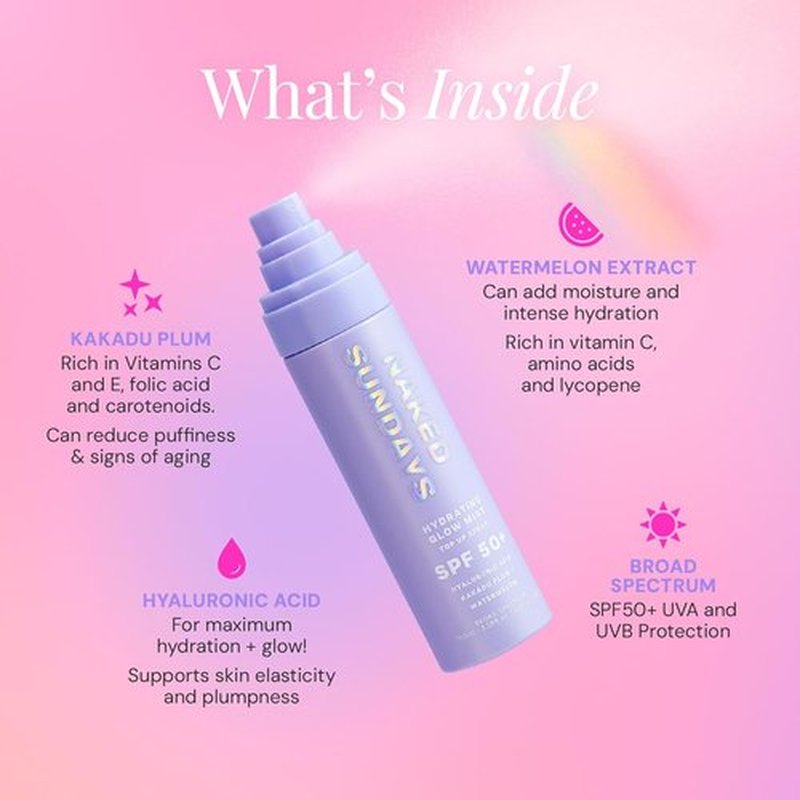 Naked Sundays SPF 50 Hydrating Glow Face Mist - Lightweight Sunscreen & Makeup Setting Spray with Hyaluronic Acid | 75ml