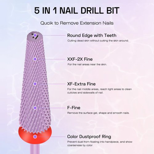 Depvko Super Long 5 in 1 Nail Drill Bits,Carbide Nail Drill Bit,3/32" Two Way Rotate Professional Drill Bit Nails,Nail Bits Fast Remove Acrylic or Gel for Manicure,Pedicure,Nail Art (Fine-F, Purple)