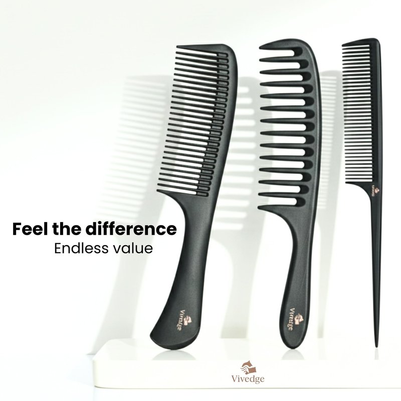 Vivedge Carbon Fiber Hair Comb Set for Curly Hair Woman|Wide Tooth Comb, Parting, Fine Tooth for Detangling, Styling for Natural Fine Straight to Curly, Thick, Wet or Dry Hair (Black-Pink)