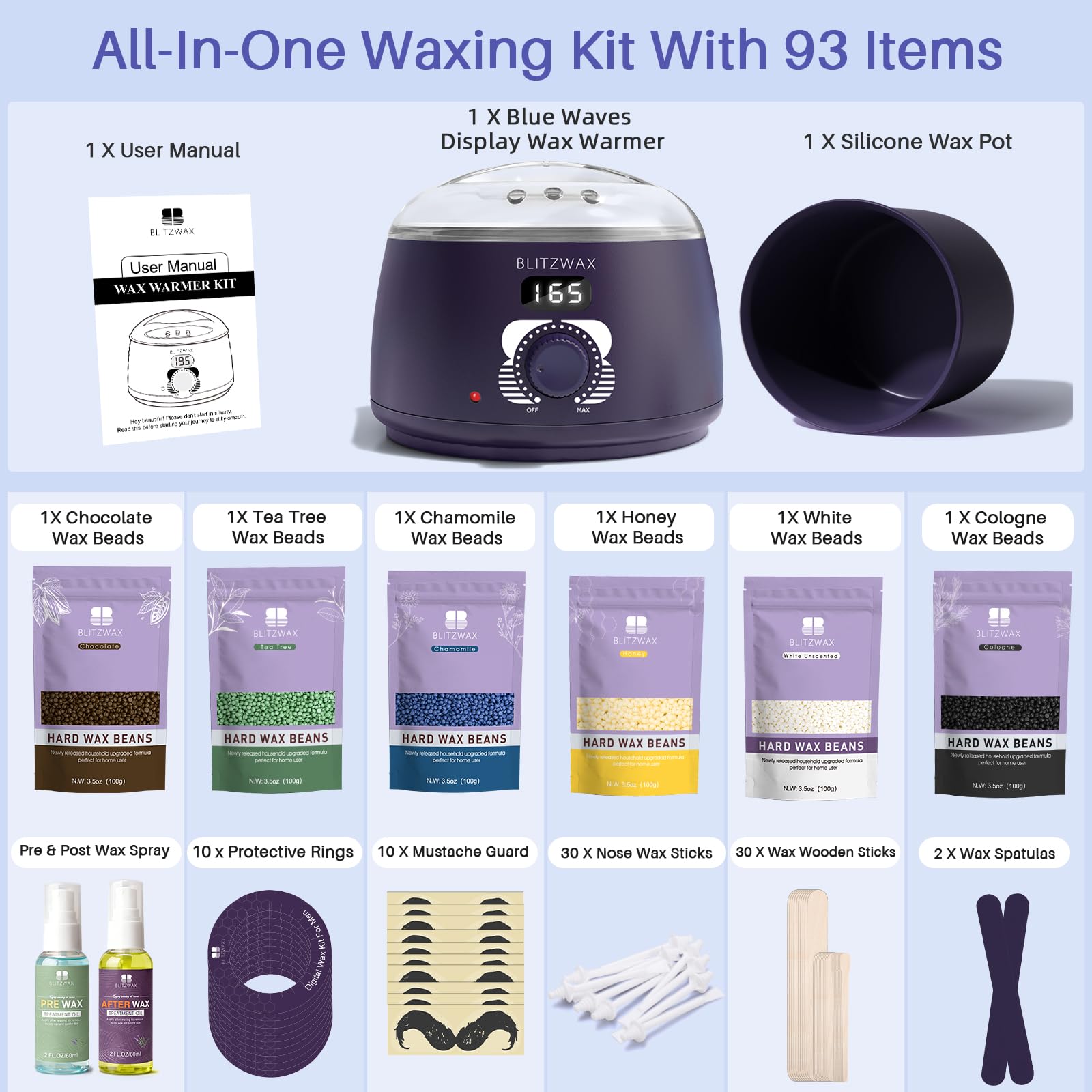 BLITZWAX Brazilian and Bikini Waxing Kit for Men, Hard Wax Warmer for Face, Legs, and Body, At Home Hair Removal Kit, Beginner Friendly, Quick Heating, 30 Nose Wax Sticks