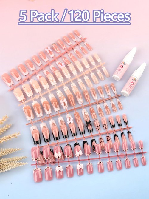 EBANKU 120 Pieces Press on Nails Medium, Bow False Nails French Tips Fake Nails Full Cover Stick on Nails, Love Heart Press on Nail with Nail Glue for Women Nail Art Salon, 12 Sizes