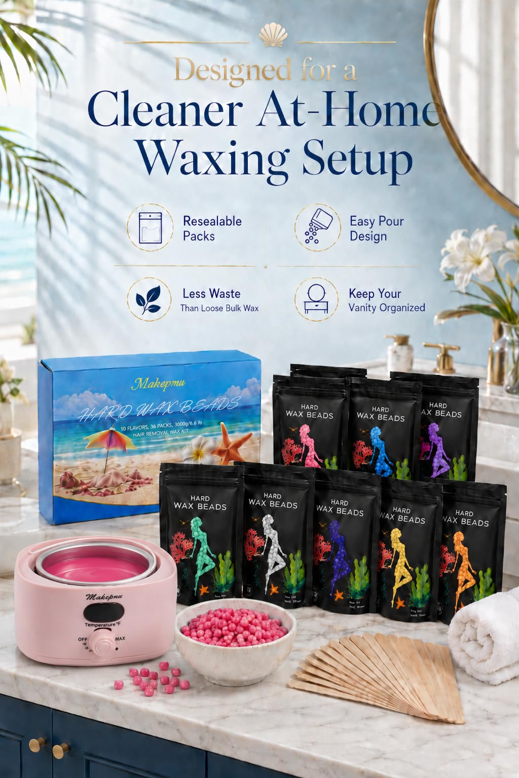 Hair Removal Wax Beads 2.2lb (1000g), Waxing for Whole Body, Painless Hair Removal Waxing for Women and Men, 10 Flavours, Contains 20 Wax Sticks