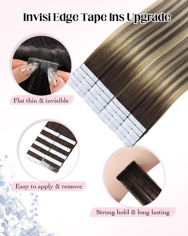 XDhair Invisible Tape in Hair Extensions 20pcs 50g Walnut Brown to Ash Brown and Golden Blonde Seamless Injected Tape ins Human Hair Extensions 18 Inch #3/8/22