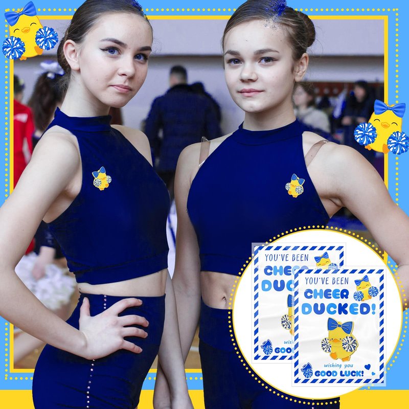 Quelay 24 Pack Cheer Team Gifts Bulk Cheerleader Duck Pins Brooches You've Been Cheer Ducked Tags Team Inspirational Gift Accessories for Teammates(Blue)