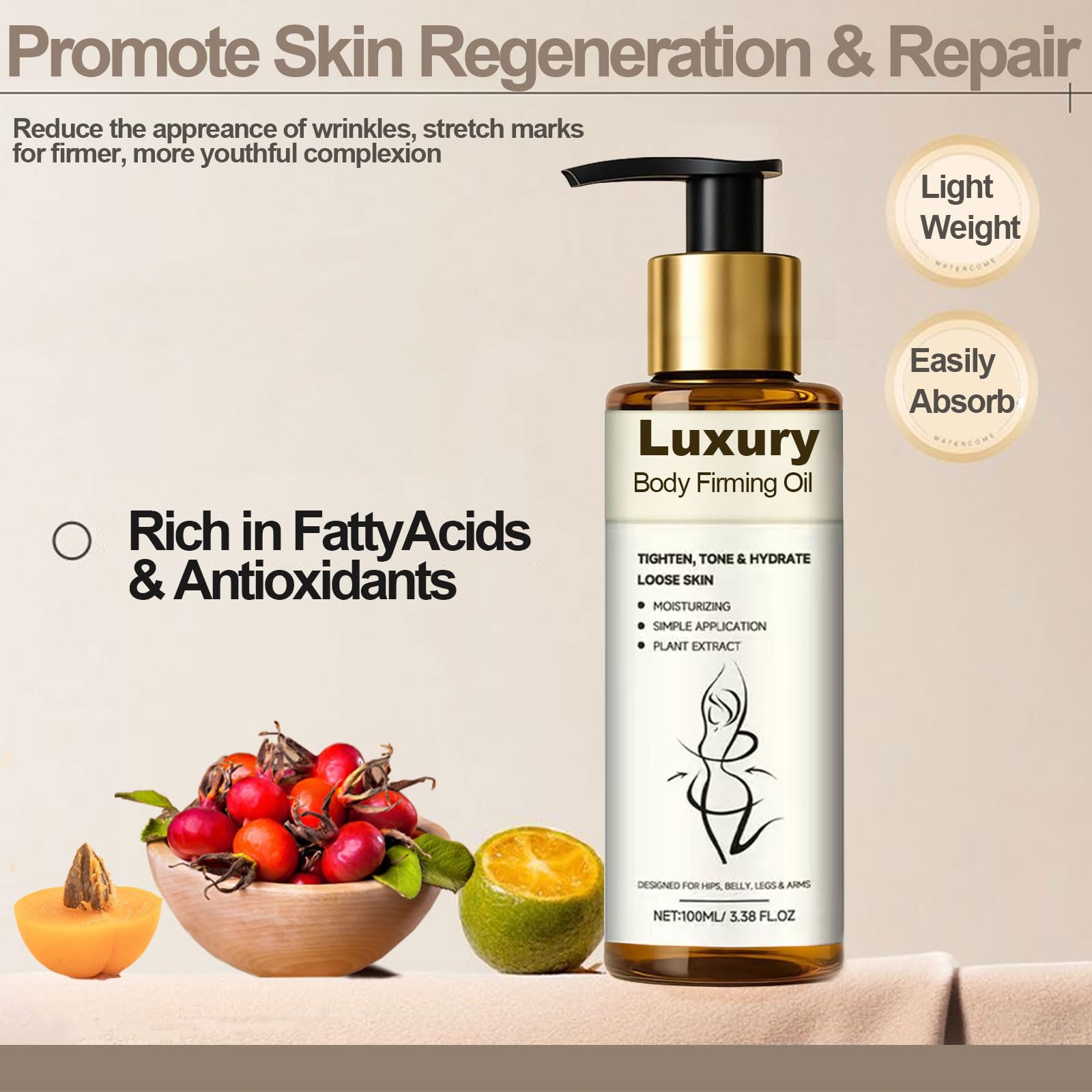 Luxury Body Firming Oil, Anti-Cellulite After-Shower Massage Oil, Natural Botanical for Tightening & Lifting Crepey Abdomen/Belly/Thighs/Butt, Moisturize/Fade Signs of Wrinkles/Marks|100ML/3.38Fl.Oz