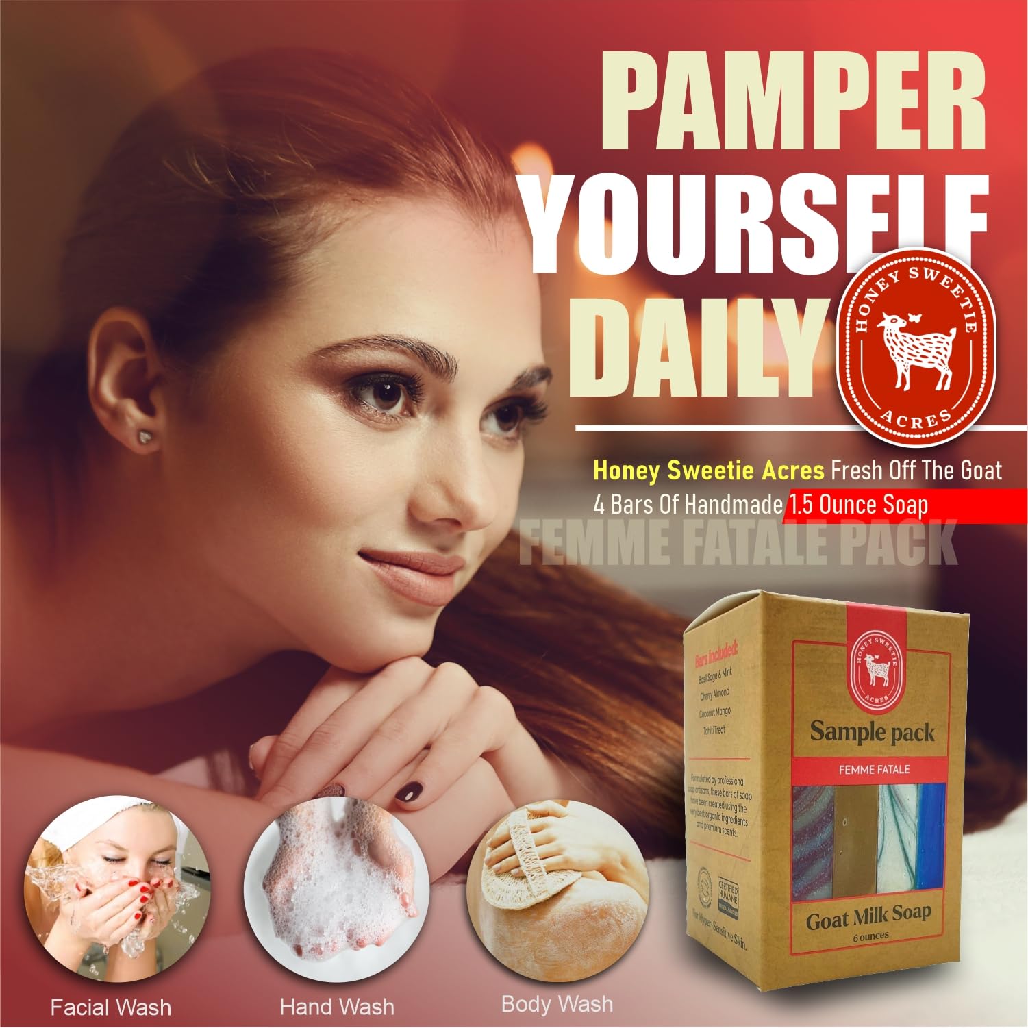 Honey Sweetie Acres Goat Milk Soap Travel Set – 4 Handmade Bars (1.5 oz Each) – Tahiti Treat, Coconut Mango, Cherry Almond, Basil Sage & Mint – All Natural Femme Scent Collection