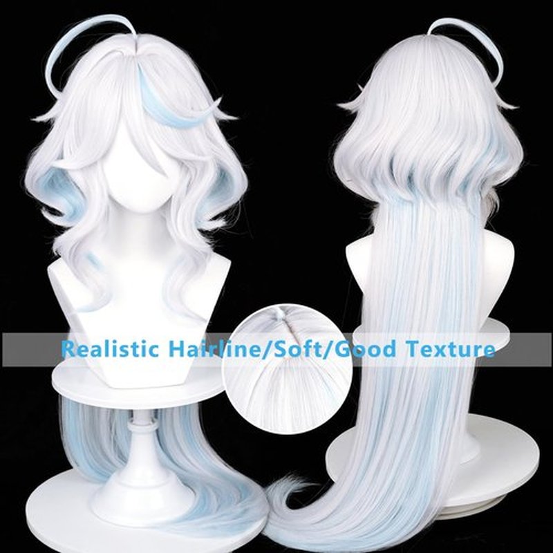 Furina Cosplay Wig for Women White Mixed Blue Wig Focalors Fontaine Blue Highlights Wigs Hair + Elf Ear + Wig Cap for Halloween Comic Con Costume Party