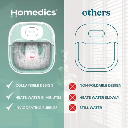 HoMedics Smart Space Elite Footbath with Heat Boost, Collapsible, Invigorating Bubble Massage, 3 Pedicure Attachments, Safe to Use Bath Salts, Patented Safety-Lock System, Ergonomic