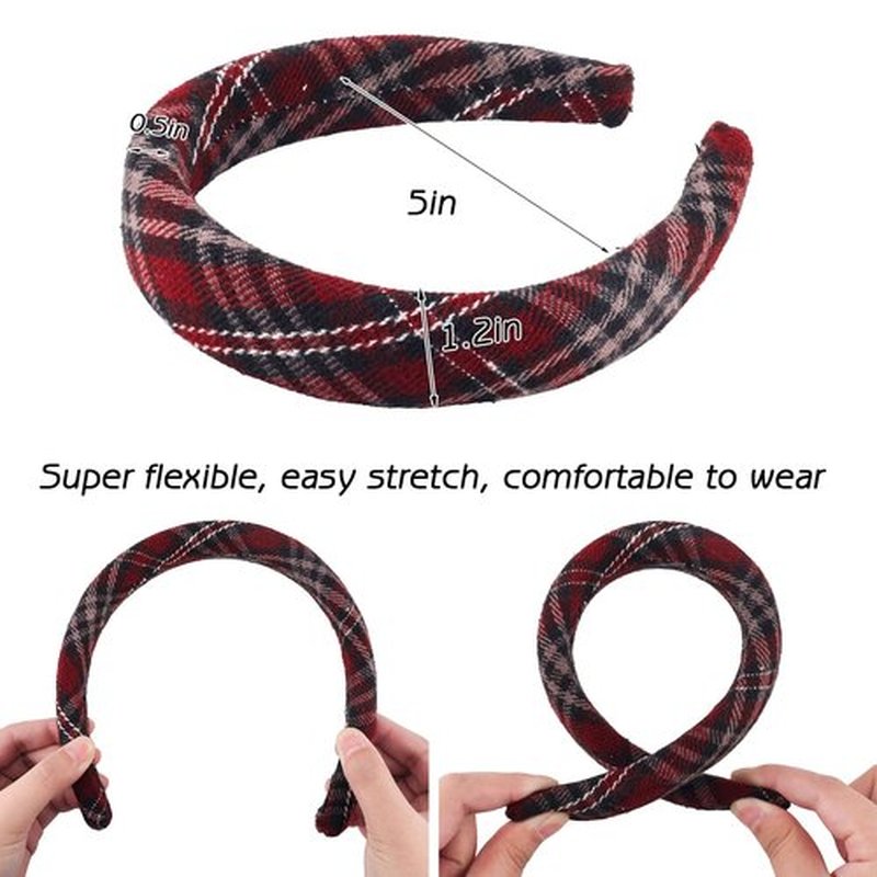 4Pcs Padded Headbands for Women Girls Cute Thick Plaid Hairbands Adult Set Green Navy Blue Brown Red Skincare Hair Hoop Wide Non Slip Soft Headwear Cloth Bulk Fashion Accessories Makeup Christmas Gift
