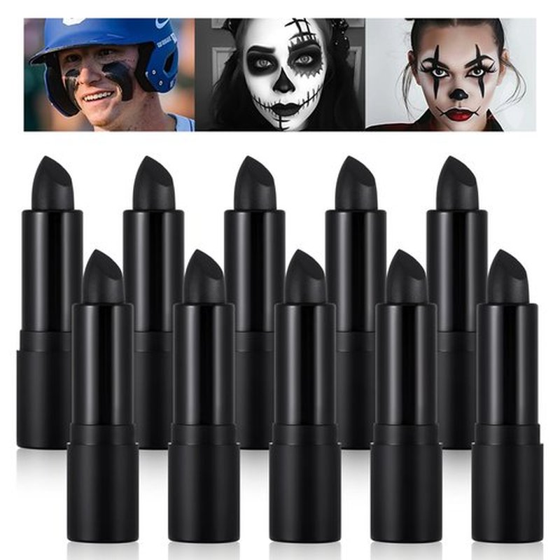 10PCS Black Face Body Paint Stick Set, Waterproof Eye Black for Baseball/Softball/Football Sports, Professional Cream-Blendable Stick for Halloween Gothic Skull Clown Skeleton Cosplay & Stage