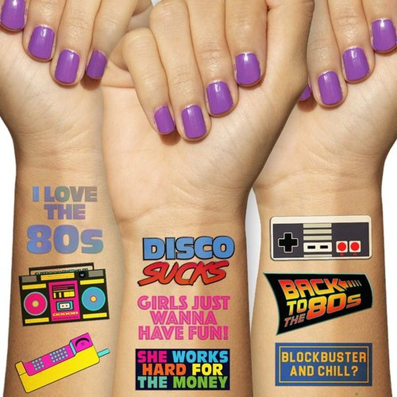 Retro 80s Theme Temporary Tattoos - 5 Sheets - Funny 1980s Party Favors, Decorations and Supplies