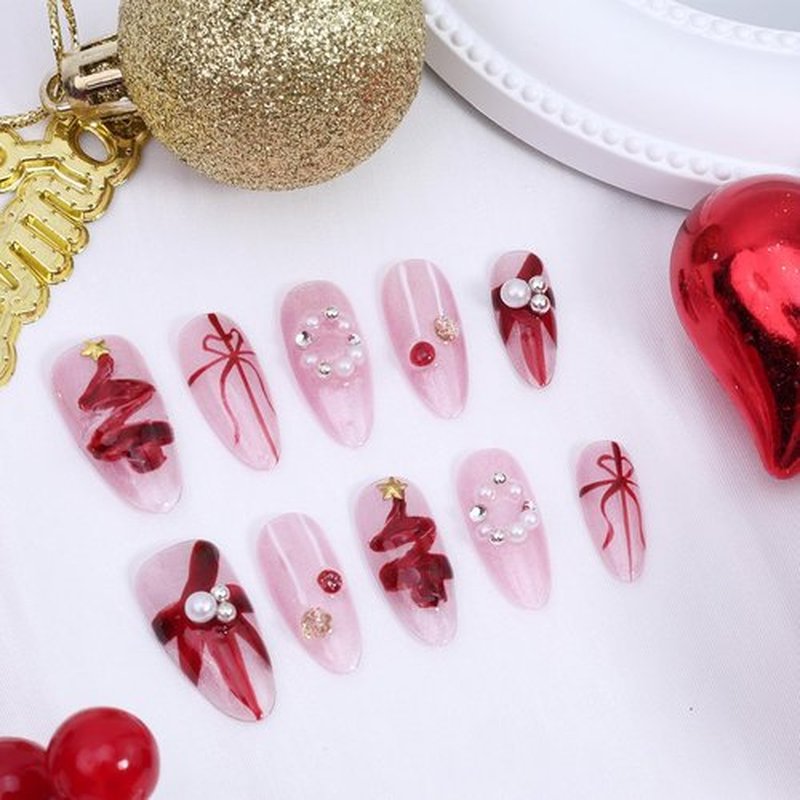 10Pcs Handmade Christmas Press on Nails Medium Almond Fake Nails Red Christmas Trees with Colorful Ball Glitter Full Cover Pink Nails Glue on Nail Winter Xmas False Nails for Acrylic Manicure Tips