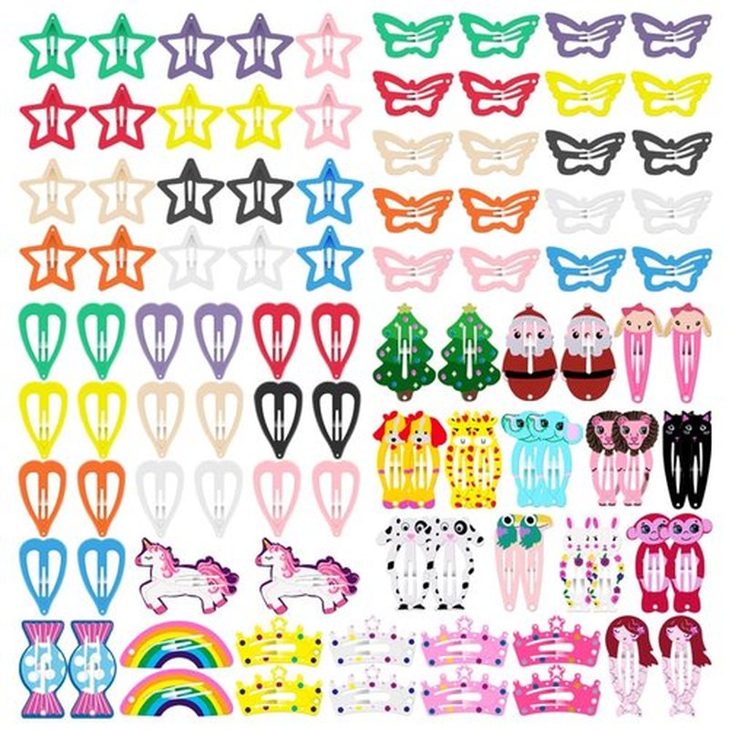 KUBOM 100 Pcs Candy Color Hair Clips,Colorful Hair Barrette Metal Cute Snap Hair Clips for Girls, Toddlers, Kids (Animals Fruits Crowns Stars)