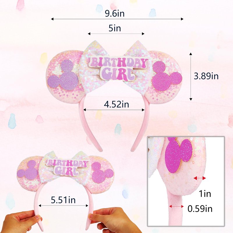 YUNISS Handmade Birthday Girl Mouse Ears Headband for Adults & Kids | Upgraded Wide Band |Velvet Non-Slip Band, All-Day Comfort | Cosplay, Theme Park Gift(Birthday Girl)