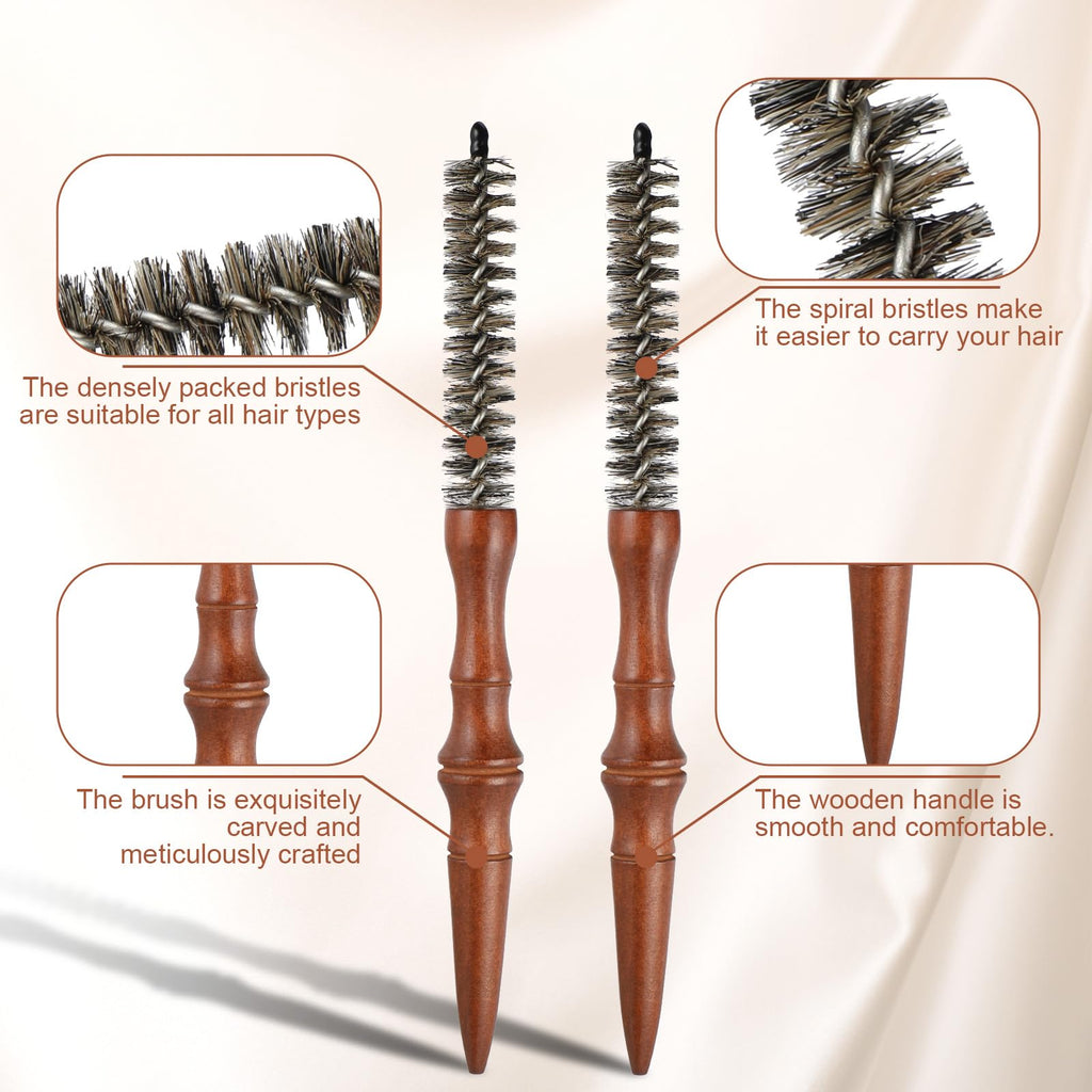 2pcs Small Round Brush Wooden Handle Boar Bristle Round Brush for Short Hair Roller Quiff Hair Combs Portable Travel Circular Hairbrush for Women Men Bangs Roots Straight Curling Mustache Brushs