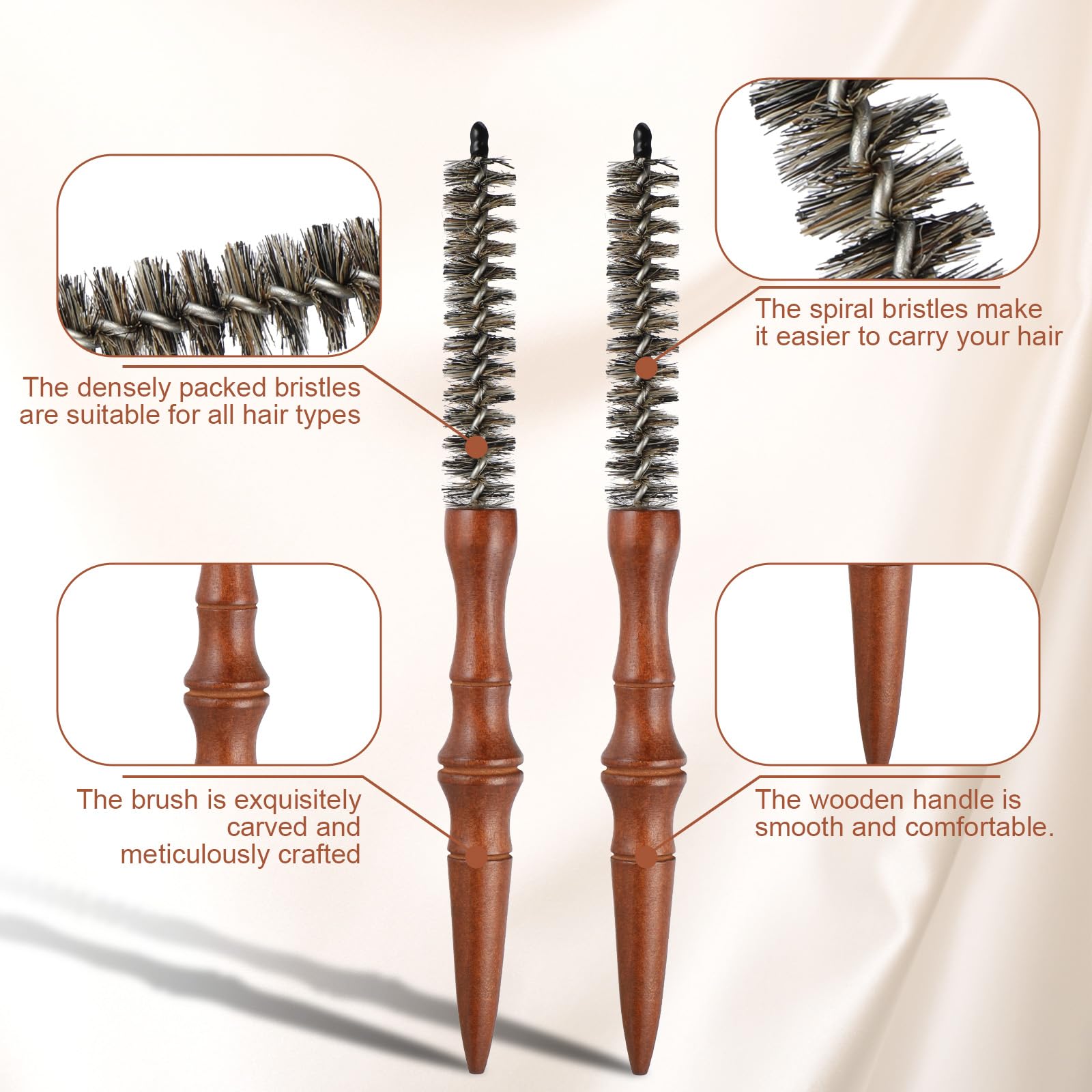 2pcs Small Round Brush Wooden Handle Boar Bristle Round Brush for Short Hair Roller Quiff Hair Combs Portable Travel Circular Hairbrush for Women Men Bangs Roots Straight Curling Mustache Brushs