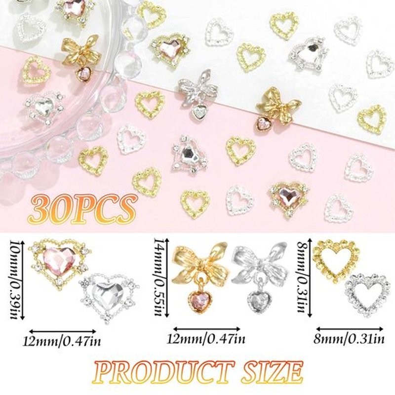 Heart Nail Charms 3D 30PCS Crystal Bow Nail Charms Gold Silver Heart Charms for Nails Crystal Nail Gems and Rhinestones for Nail Art and DIY Crafts Decoration