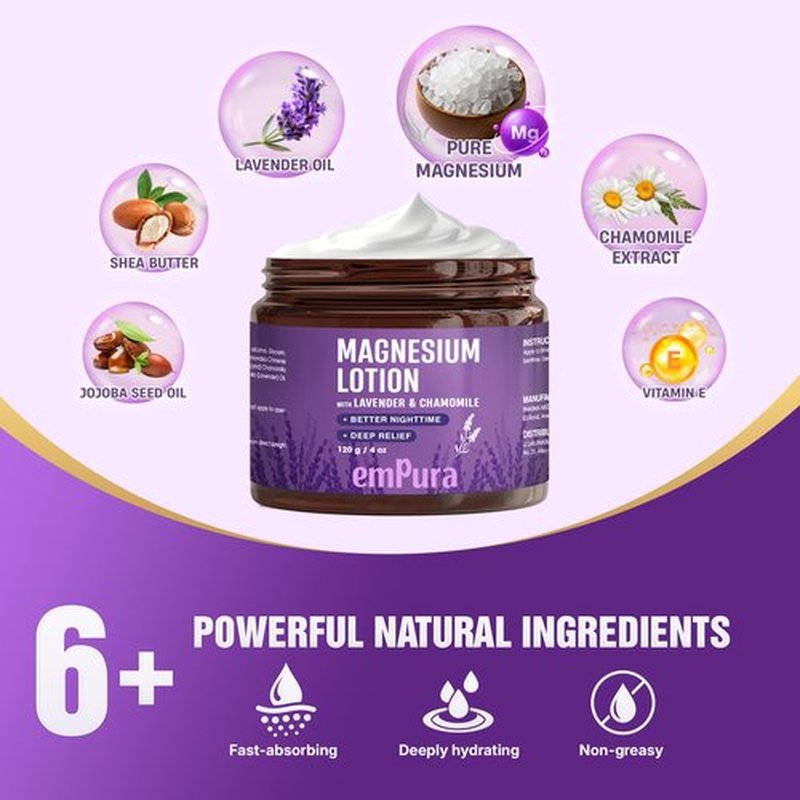 EMPURA Magnesium Lotion with Lavender & Chamomile – Fast Absorbing Magnesium Cream for Relaxation & Muscle Relief, Hand Leg or Foot Lotion, Self Care Gifts for Women, Easter Gifts for Adults (4oz)