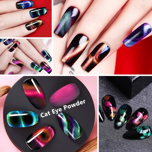 Cat Eye Chrome Nail Powder - 3PC Get Cat Eye Effect and Chameleon Mirror Effect, 9D Galaxy Gem Glitter Metallic Manicure Pigment with Bonus Black UV Gel and Magnetic Stick - Unique DIY Set