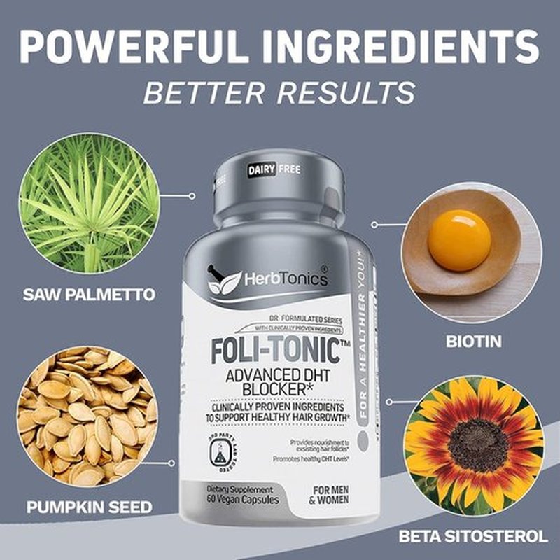 Foli Tonic Hair Growth Vitamins - DHT Blocker with Saw Palmetto & 10,000mcg Biotin | 60 Vegan Capsules for Thicker Hair