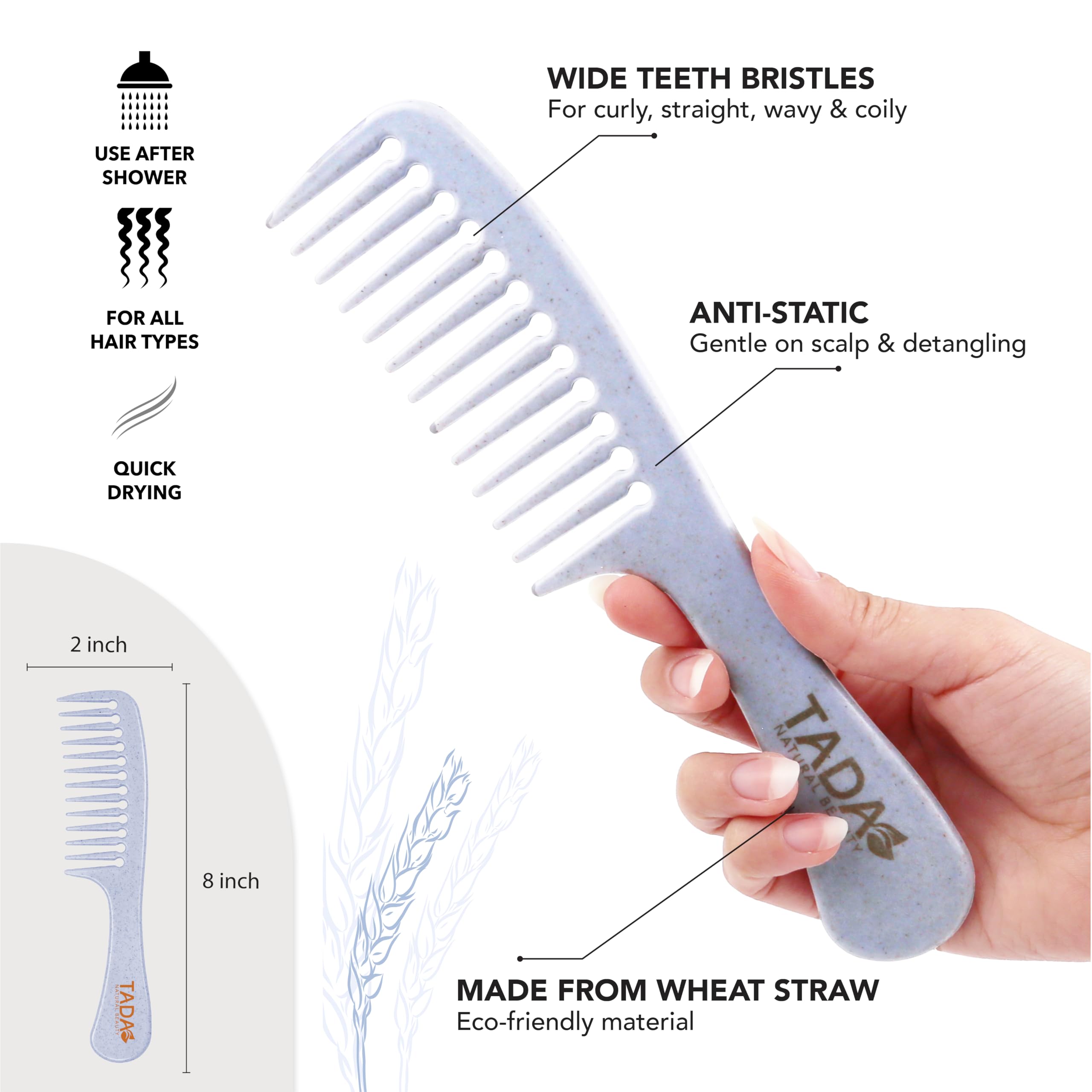 TADA Natural Beauty Set Hair Brush Detangler for All Hair Type Curly, Thick, Wavy, and Thin Hair - Hair Brush Set for Women, Men, Kids (3PK Blue)
