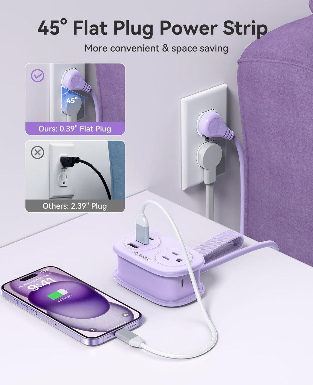 ORICO Cruise Approved Power Strip for Travel, 5 in 1 Extension Cord with 2 AC Outlets 2 USB-A and 1 USB-C Ports, 3.7 ft Flat Plug Wrapped Around Power Strip for Cruise Office, Hotel, Home- AP3