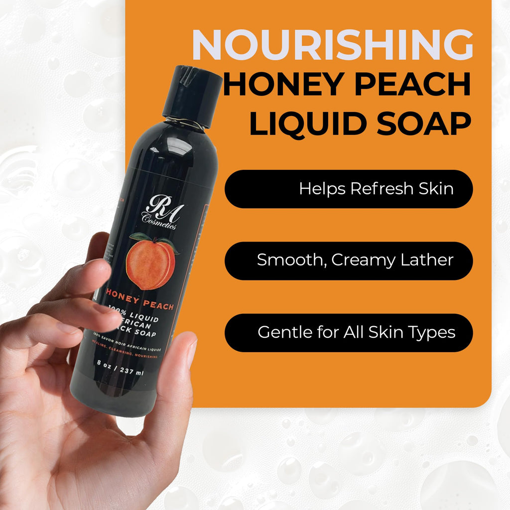 RA COSMETICS 100% African Liquid Black Soap with Honey Peach – Liquid African Black Soap Body Wash with Shea Butter, Coconut Oil & Plantain Peel | Deep Cleansing for Sensitive & Acne-Prone Skin, 8 oz