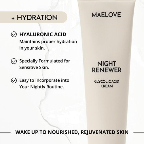 MAELOVE Night Renewer Night Cream with 2-in-1 Glycolic Acid Treatment, Unscented, For Sensitive Skin