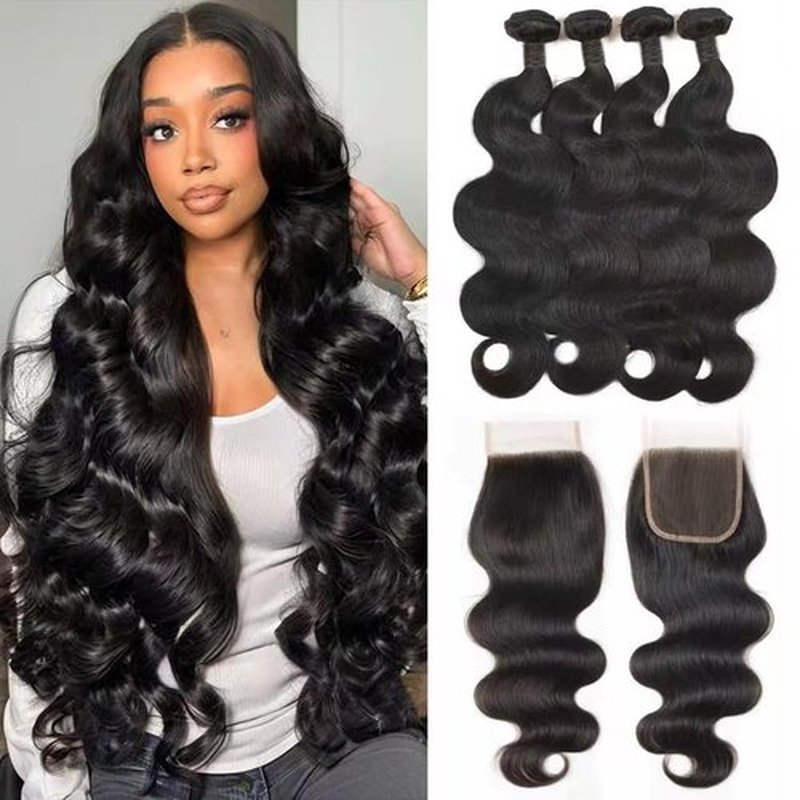 DDODLA Body Wave Bundles with Closure Human Hair 18 20 22 24 + 16 Inch Brazilian Human Hair 3 Bundles with 4x4 HD Lace Closure Part 12A Grade 100% Unprocessed Virgin Hair