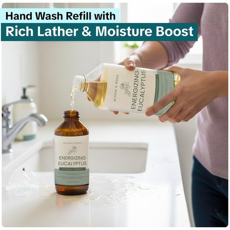 Bloom & Bōde Luxury Liquid Hand Soap Refill With Essential Oils - Natural Scented Hand Wash - Gentle Handwash - Moisturizing Hand Soap Refill, Energizing Eucalyptus Scent, 33.8 fl oz / 1L