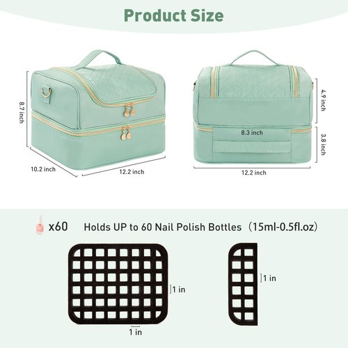 KGMCARE Nail Polish Organizer Case, Nail Supplies Storage Holds 60 Bottles Nail Polish & Nail Lamp Gel Nail Travel Carrying Bag for Nail Kit (Green)