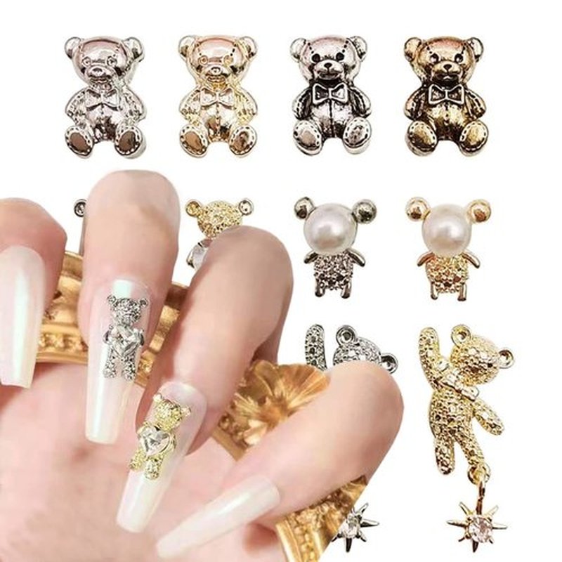 Bear Nail Art Decorations, Alloy Bear Nail Glitter Design, 24pcs Gold and Silver Metal Cute Bear Nail Rivet Rhinestone for Women Girls Manicure Charms Decoration, DIY Jewelry Making Craft Supplies