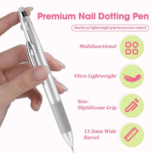 Nail Dotting Pen 5 in 1 2 PACK, Ballpoint Pen Design Nail Dotting Tool for Manicure Art Painting with 4 Size Marking and Pressing Head, For Nail Art Painting, Rhinestones DIY and Salon (2 PACK)