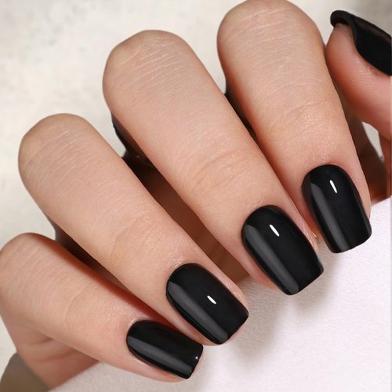 Short Square Press On Nails (Onyx) Reusable Natural Stick On Nails with Glue in 15 Sizes – 32 Soft Gel Fake Nails Kit