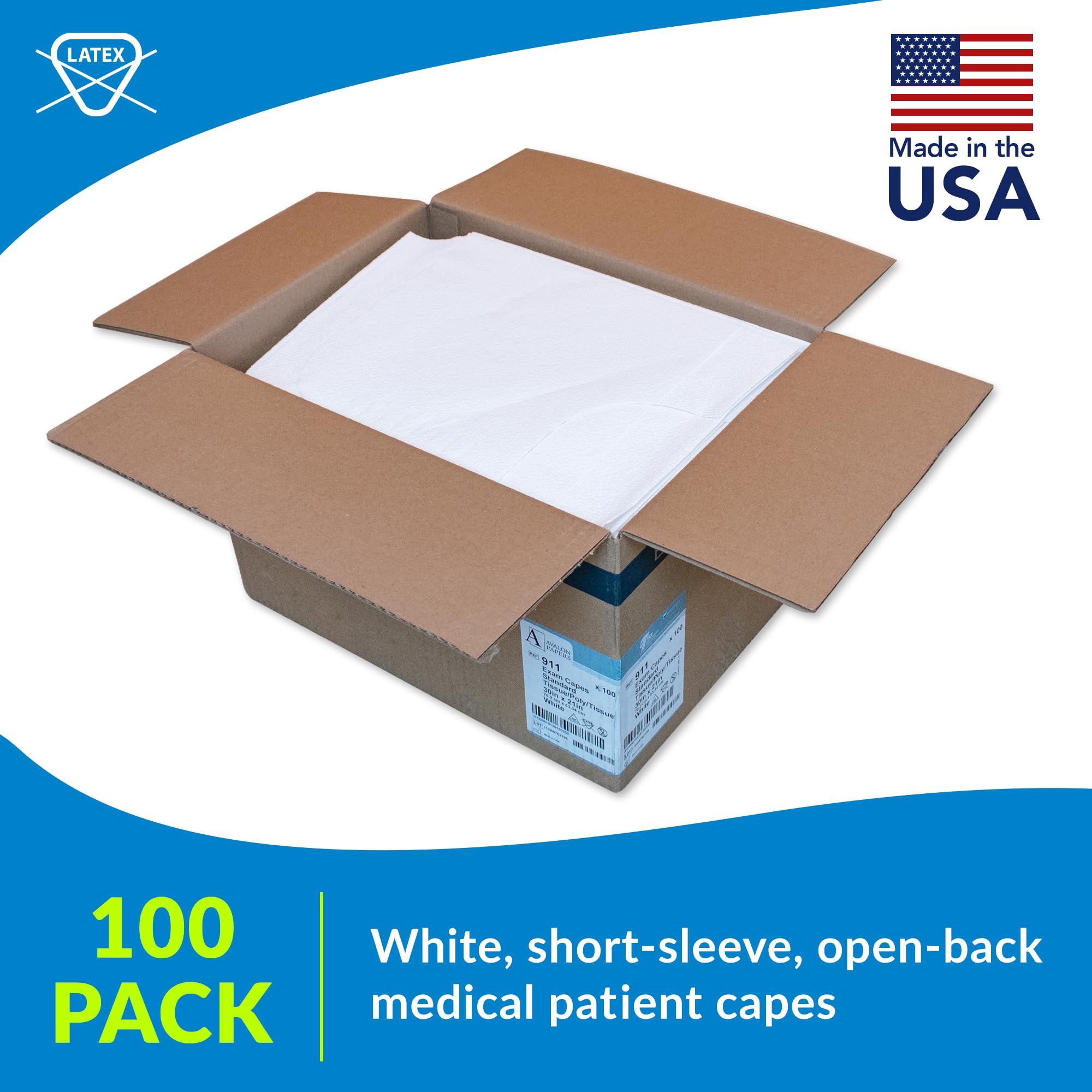 TIDI 911 Avalon Capes, White (Pack of 100) ― Tissue/Poly/Tissue ― Short-Sleeve, Open-Back Exam Capes ― Short, Disposable Medical Gowns ― Standard Size (30” x 21”) ― Latex-Free Medical Supplies