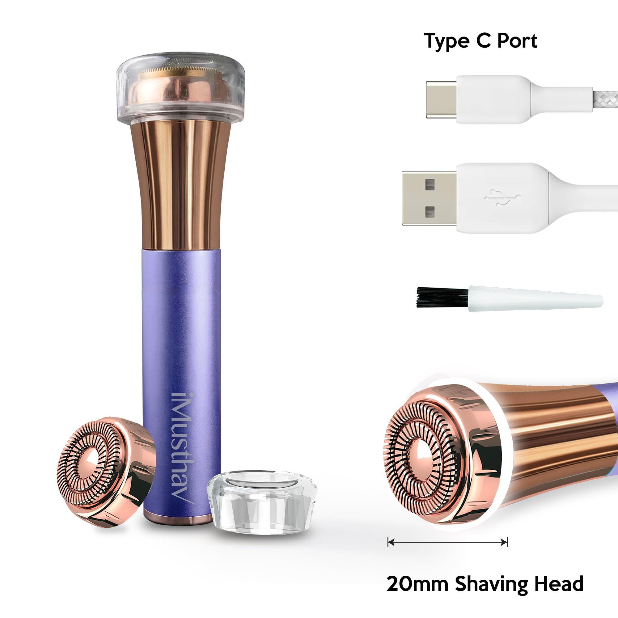 Facial Hair Removal for Women, Rechargeable Painless Electric Face Hair Remover, 20mm Dual Ring Floating Head Blade, Face Shaver Razor & Trimmer for Upper Lip, Chin, 18K Gold-Plated / 360°LED Light