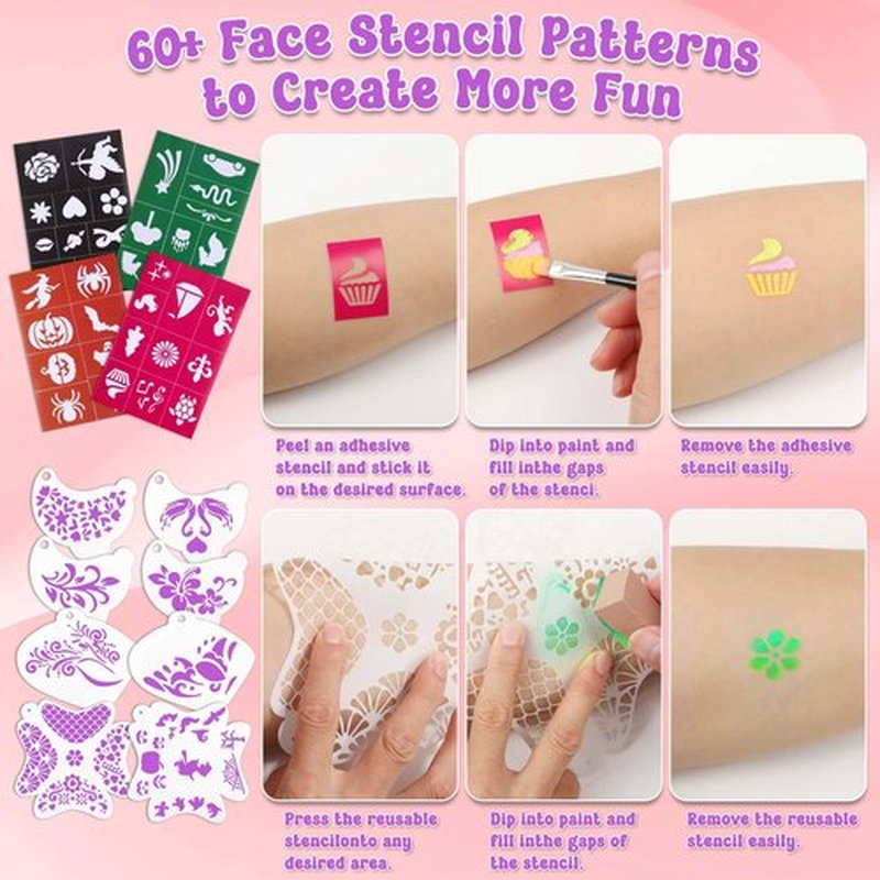 Kids Face Painting Kit with Organizer Box - Rainbow Color Non Toxic & Washable Face Paint Set with Stencils, Brush & Gems Kids Party Makeup for Halloween, Carnival & Costume