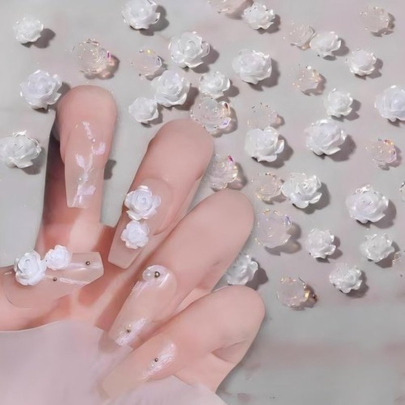 200PCS 3D Resin White Rose Flower Nail Art Charms 3D Flower Nail Art Accessories Exquisite Luxury Rose Nail Jewelry Sequins Decoration in 2 Styles for Nail Art Decoration or Jewelry Making（2 Colors）