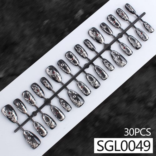 Gothic Metal Press on Nails Medium Almond Fake Nails Black Nails Press ons with Sivler Chrome Design Full Cover Stick on Nails for Women Manicure,Reusable | Nail Sticky Tabs | Easy Apply | 30Pcs