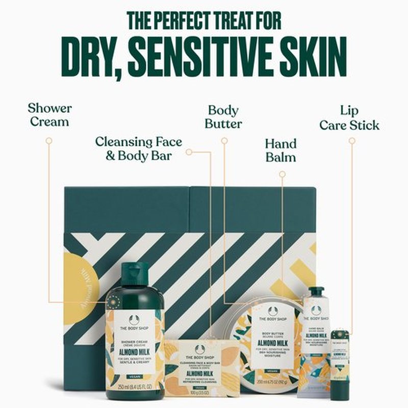 The Body Shop Almond Milk Gift Set - 5 Piece Set, Includes Shower Cream, Body Butter, Face & Body Bar, Hand Balm, Lip Care Stick, Vegan