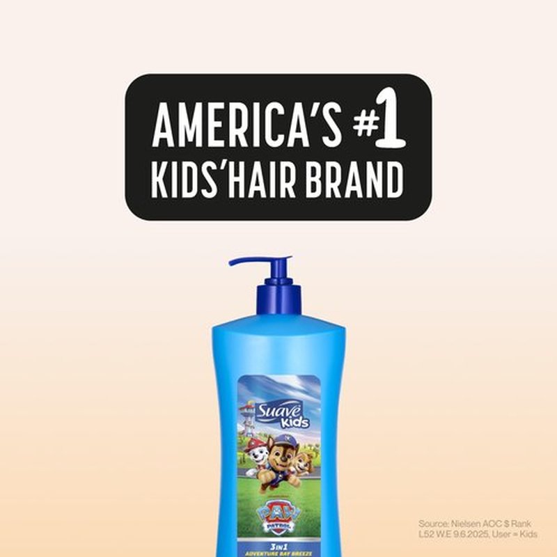 Suave Kids Paw Patrol 3 in 1 Shampoo, Conditioner, Body Wash, Adventure Bay Breeze, Tear-Free & Gentle Dermatologist Tested, 4 Count, 28 FL OZ Pump