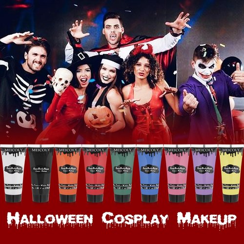 MEICOLY 9 Colors Face Body Paint Set,1.01x9oz/Box,Water Based Washable Face Paint for Adult Kid,Elphaba Green Face Paint,Safe Body Paint for Skin,Red White Blue Face Painting Kit for Halloween Makeup