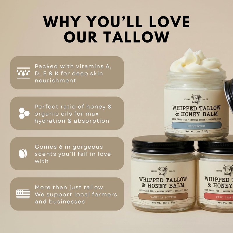 Whipped Grass-Fed Tallow Balm & Manuka Honey For Skin Face Body - Organic Jojoba & All-Natural Moisturizing Cream for Nourished, Soft Skin - Handmade All-Natural Moisturizer (2 Oz, Vanilla Butter)