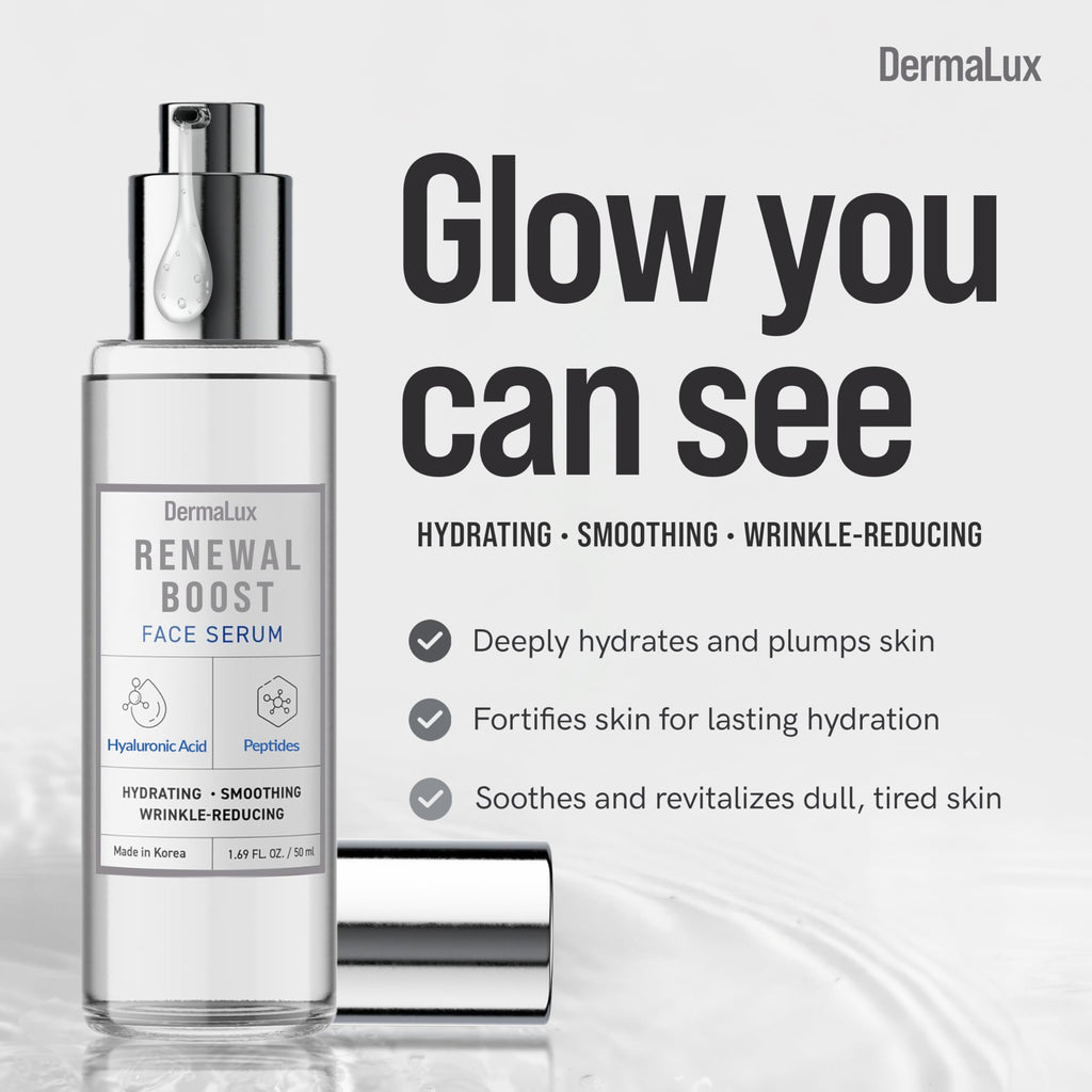 DermaLux Hyaluronic Acid & Peptides Face Serum - Dermatologist Tested, Anti-Aging, Korean Skin Care, Hydrates Smooths Firms – Clean Vegan Beauty for Dry Sensitive Skin – 1.69 Fl Oz