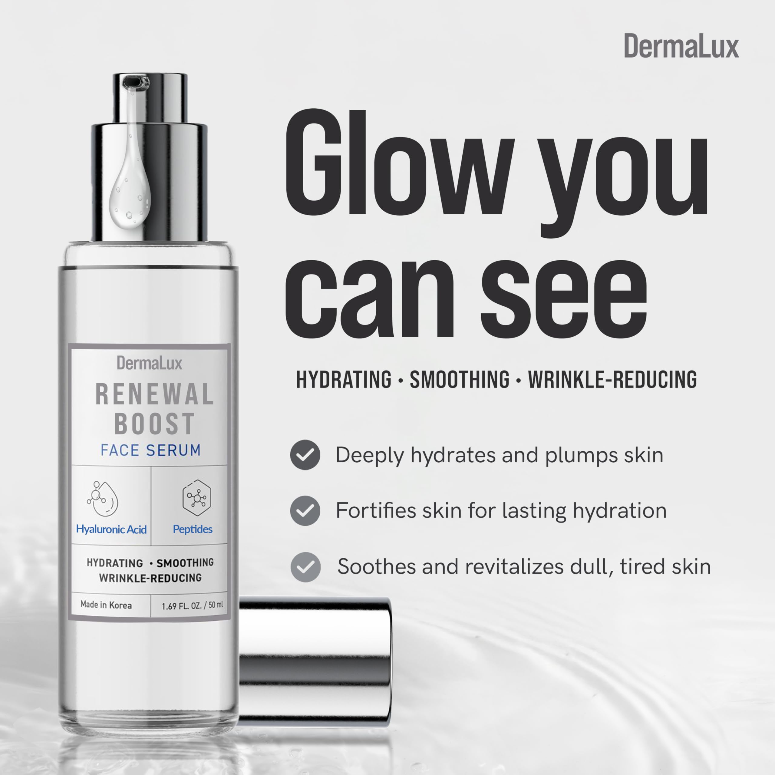 DermaLux Hyaluronic Acid & Peptides Face Serum - Dermatologist Tested, Anti-Aging, Korean Skin Care, Hydrates Smooths Firms – Clean Vegan Beauty for Dry Sensitive Skin – 1.69 Fl Oz