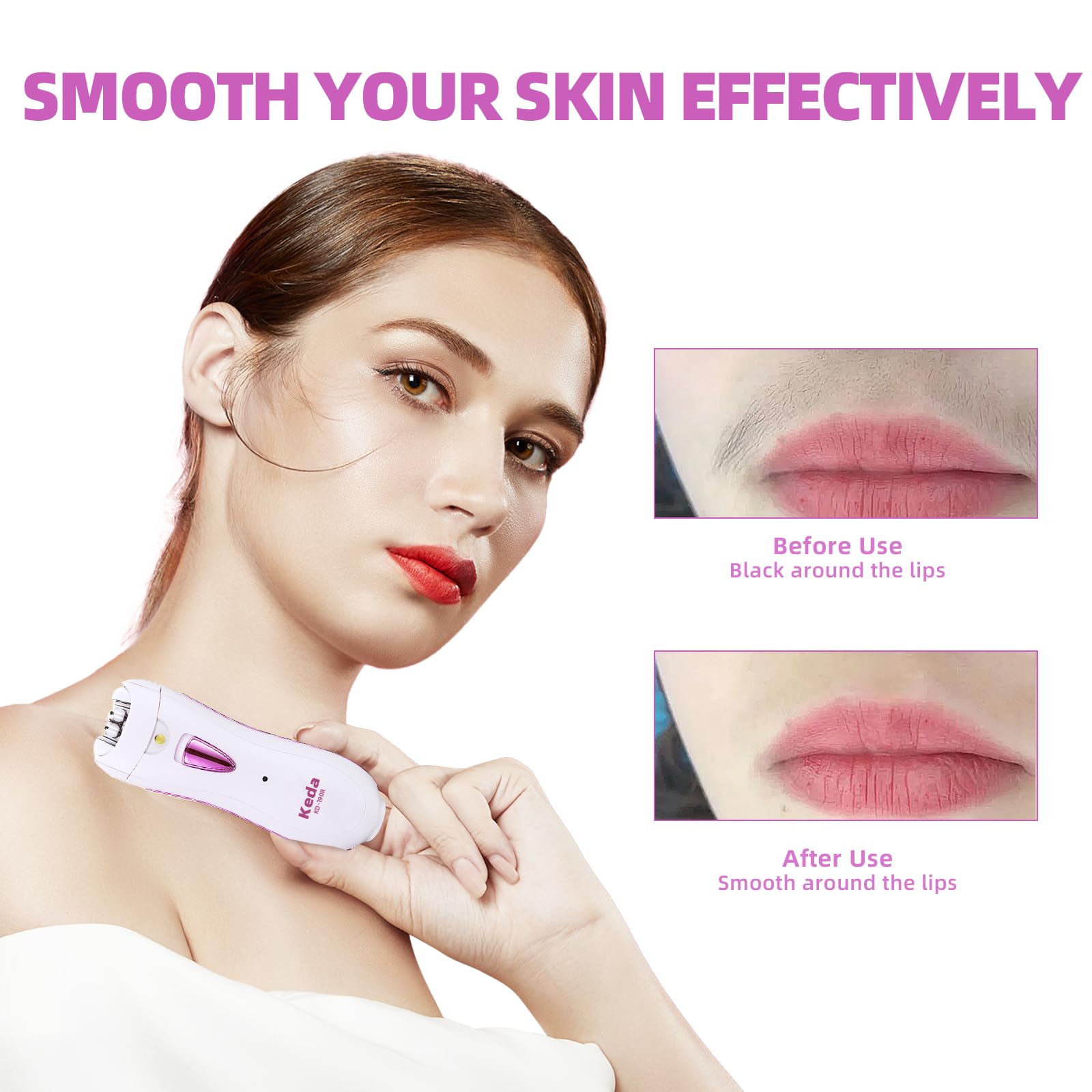 Epilator for Women, Smooth Glide Epilator for Face, Rechargeable Facial Epilator Hair Removal Face Trimmer Device with LED Light for Facial Armpit Bikini and Leg