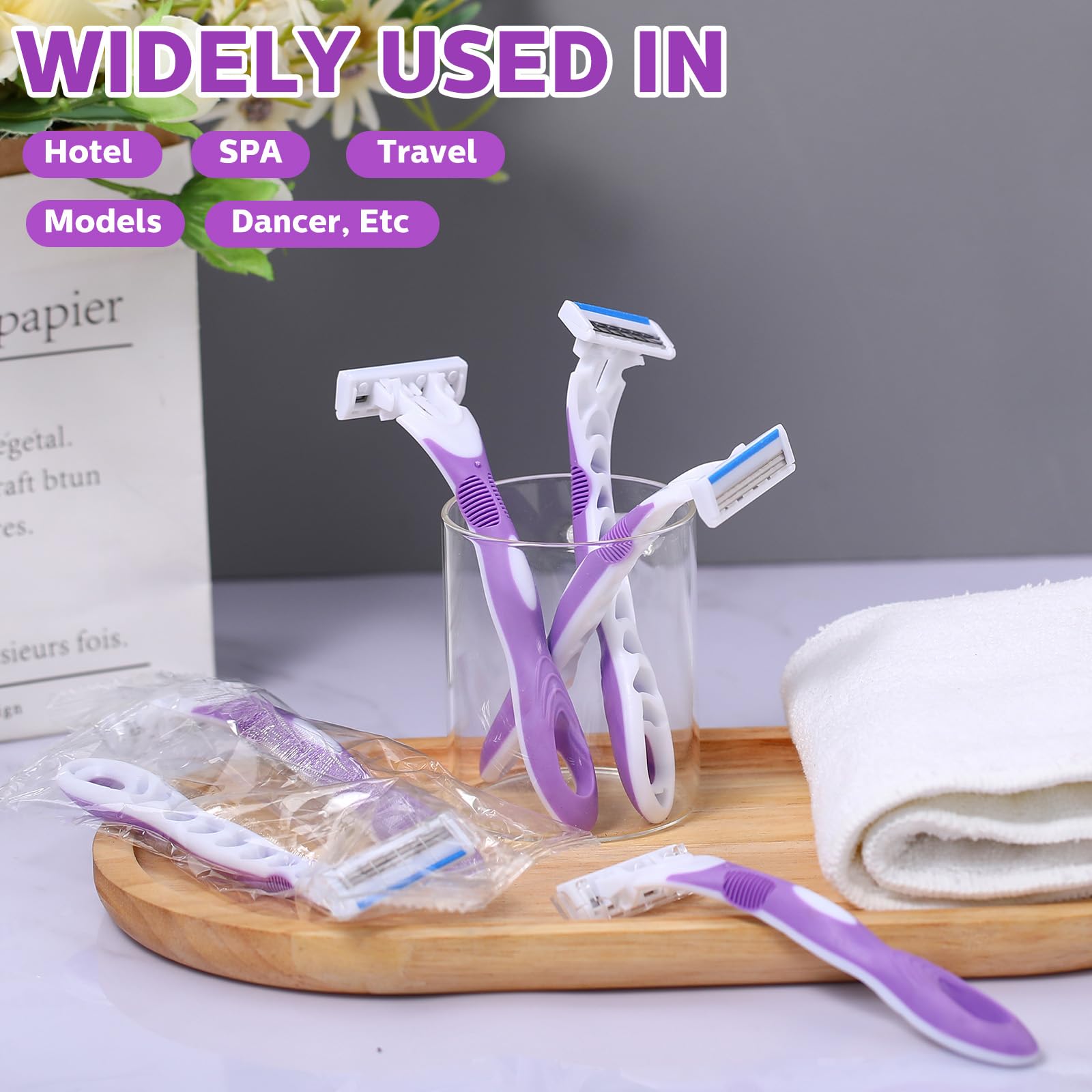 Leriton 48 Count Women's Disposable Razors Bulk Purple 3 Blade Sensitive Skin Bikini Line Razor for Bathing Hotel Travel