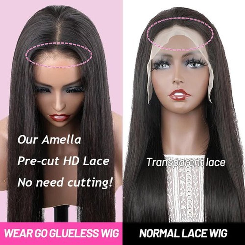 Amella 16 Inch 220% Density 13x4 HD Lace Closure Wigs Human Hair Glueless Wigs for Black Women Pre Plucked Pre Cut Bleached Knots Wig